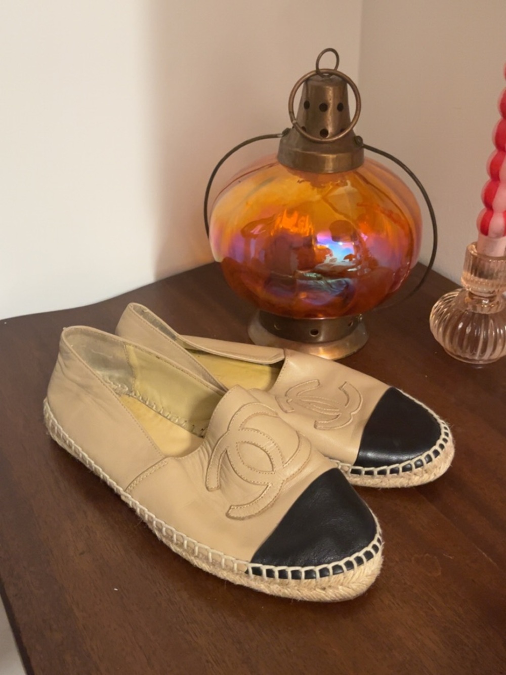 Chanel Beige and Black Leather Espadrille Flats - Designer Style